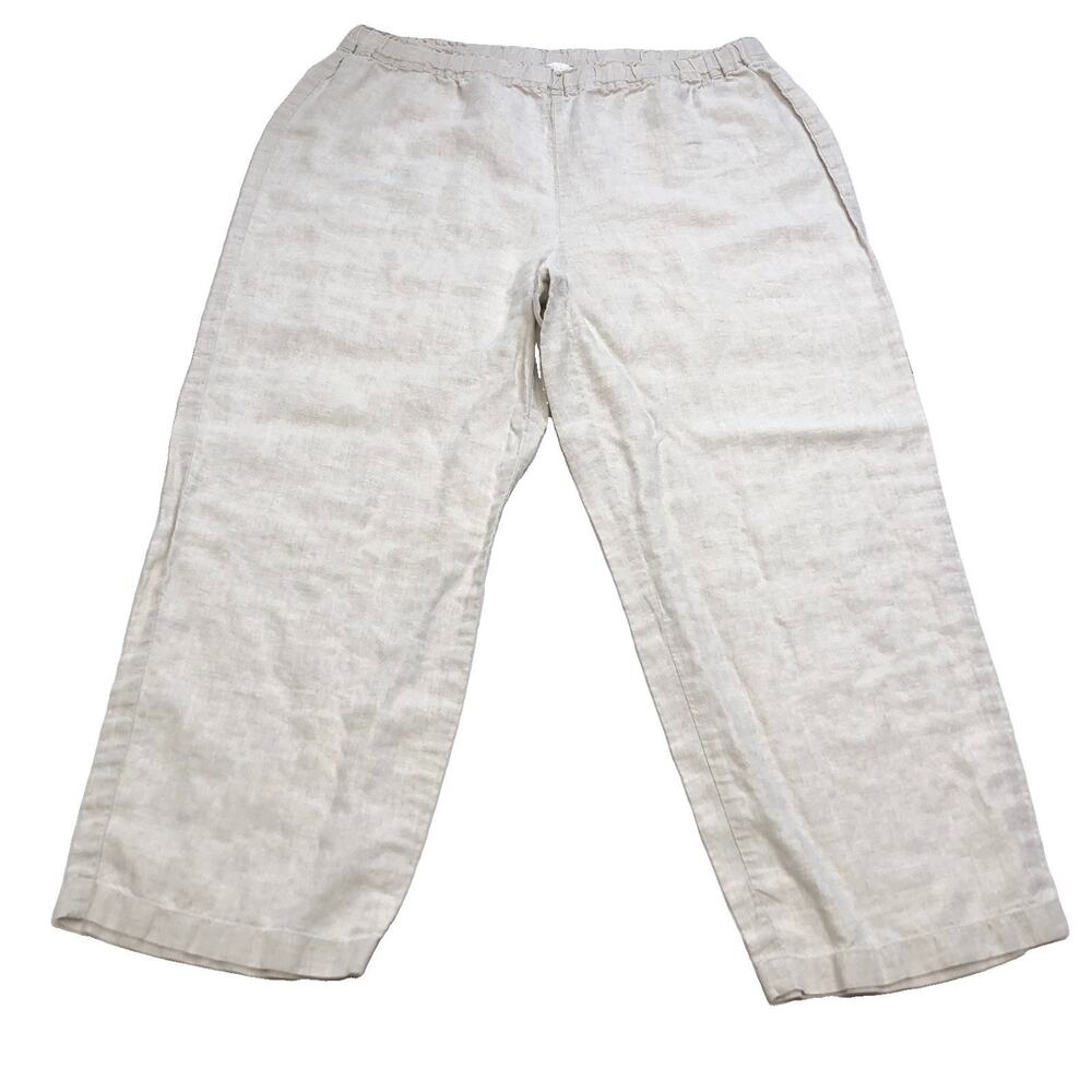 EILEEN FISHER Sz Large 100% Organic Linen Pull-On Pants Cropped Wide Leg Beige